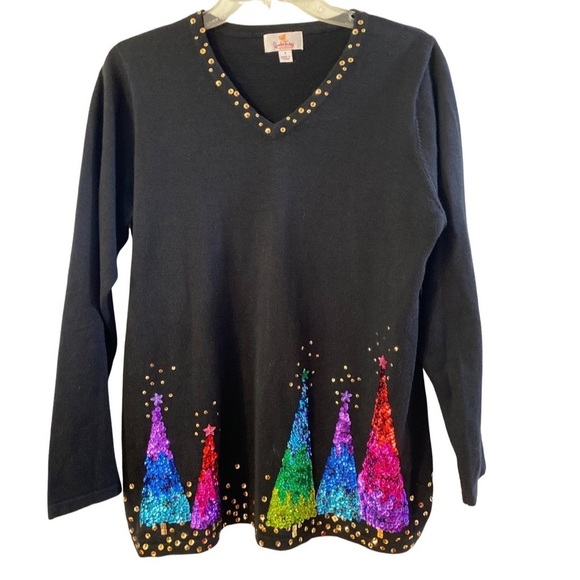 Quacker Factory Holiday V-Neck Sweater Multicolored Sequin Trees Size Medium - Picture 1 of 6